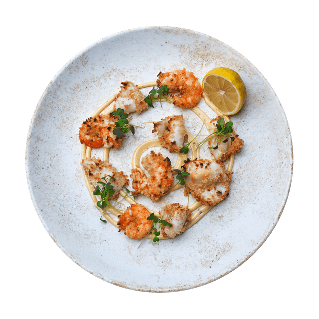 Calamari e gamberi grigliati al pane aromatico